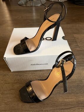 Aldo Black Patent Leather Strappy Square-Toe Heels